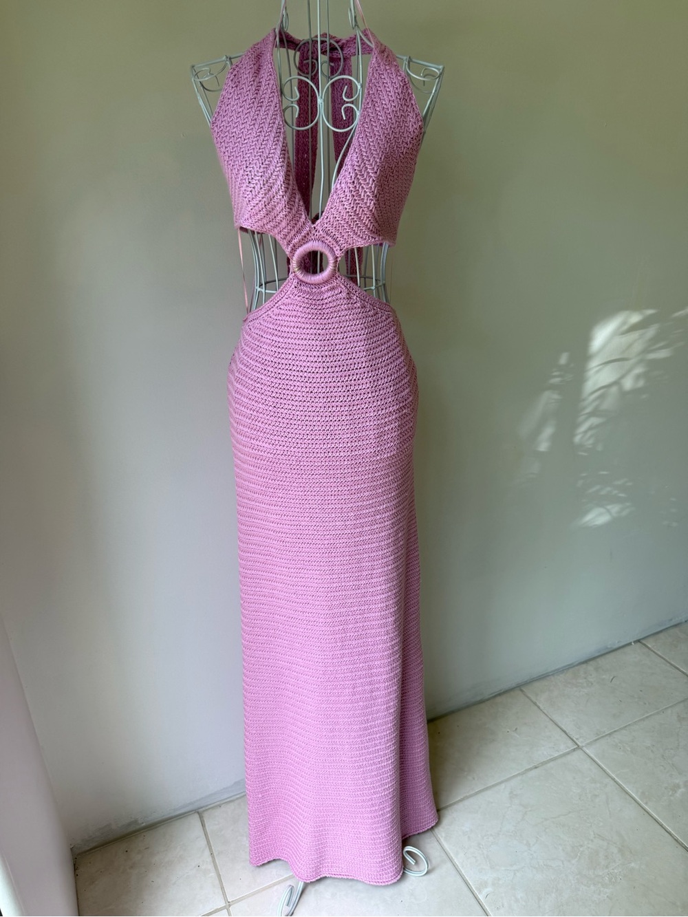 Elan Pink Crochet Halter Maxi Dress Cutout Ring Beach Resort Size L